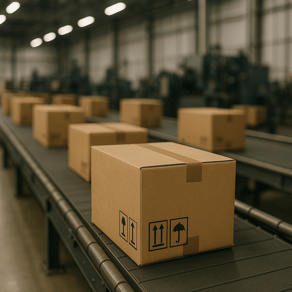 קופסאות קרטון למשלוחים על מסוע במפעל לוגיסטיקה